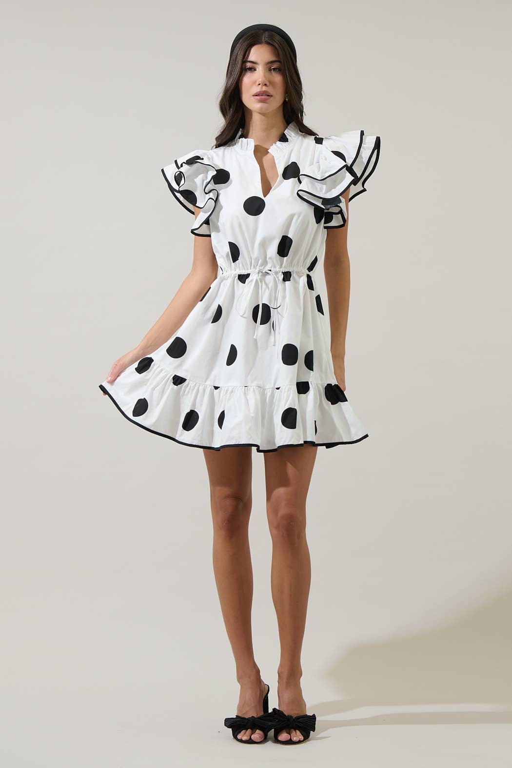 Randal Polka Dot Ruffle Shift Mini Dress