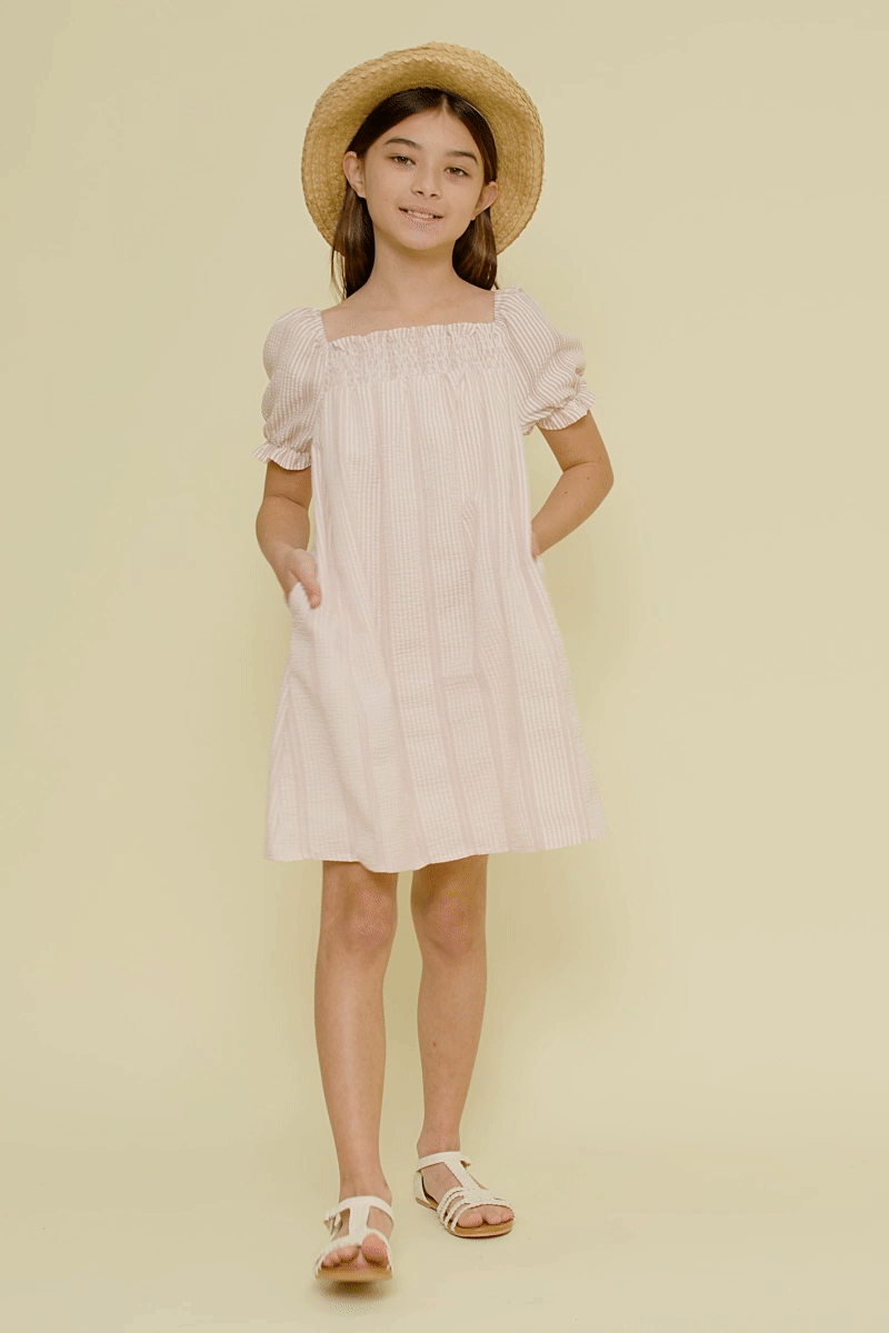 Girls Lace Seersucker Smocked Dress