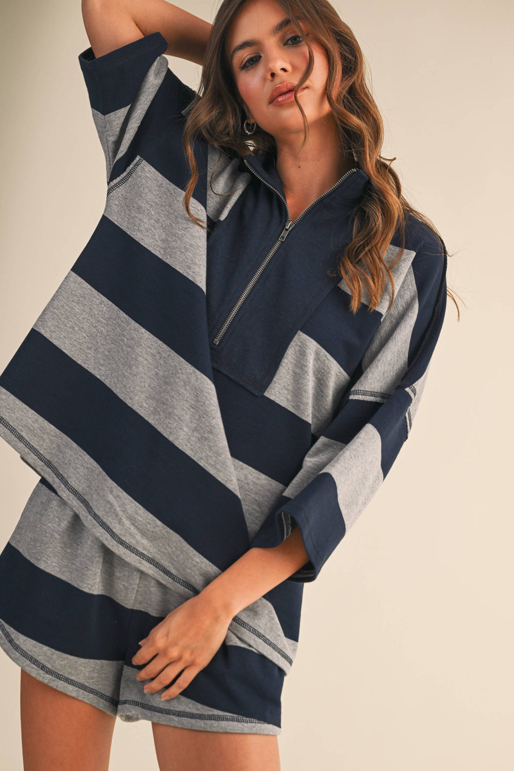 STRIPED ZIP UP OVERSIZED TOP AND SHORTS SET