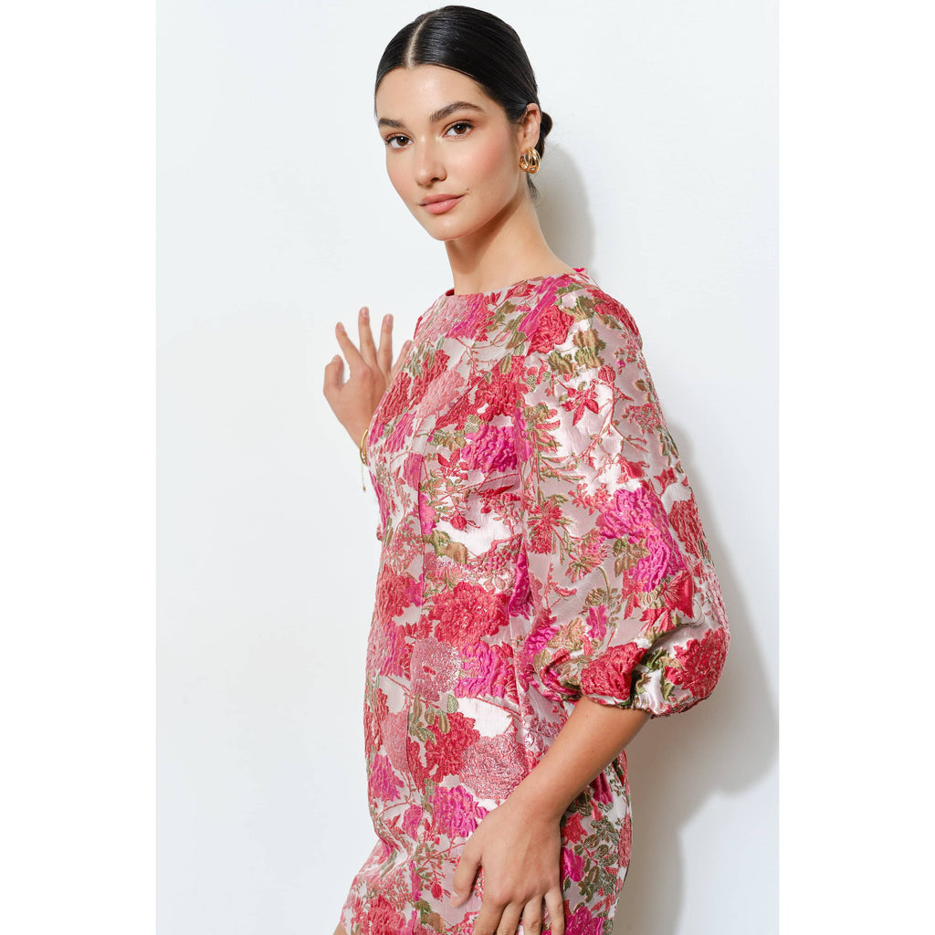 Luxe Metallic Floral Jacquard Puff 1/2 Mini Dress