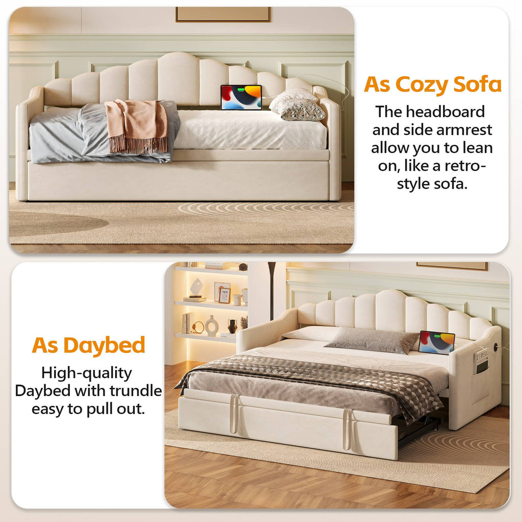 39F Inc. - Velvet Daybed with Pop Up Trundle USB Twin Beige/Pink