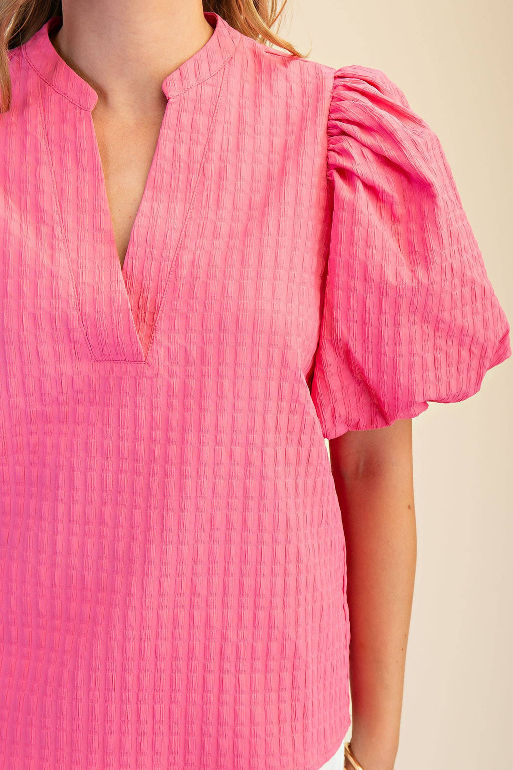V-Neck Puff-Sleeve Textured Top