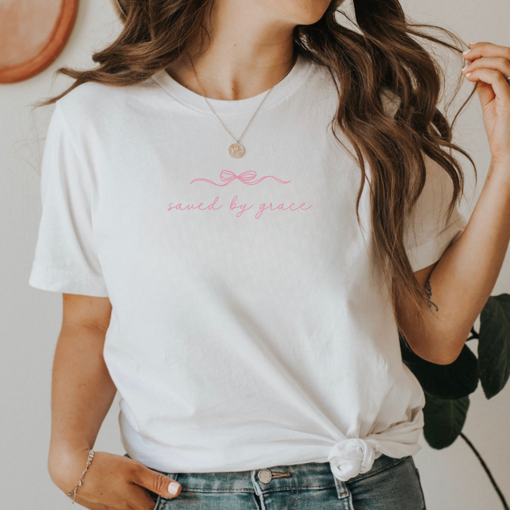 Faith & Life Christian Brands - Saved By Grace Easter Spring Women's Christian Bow T-Shirt