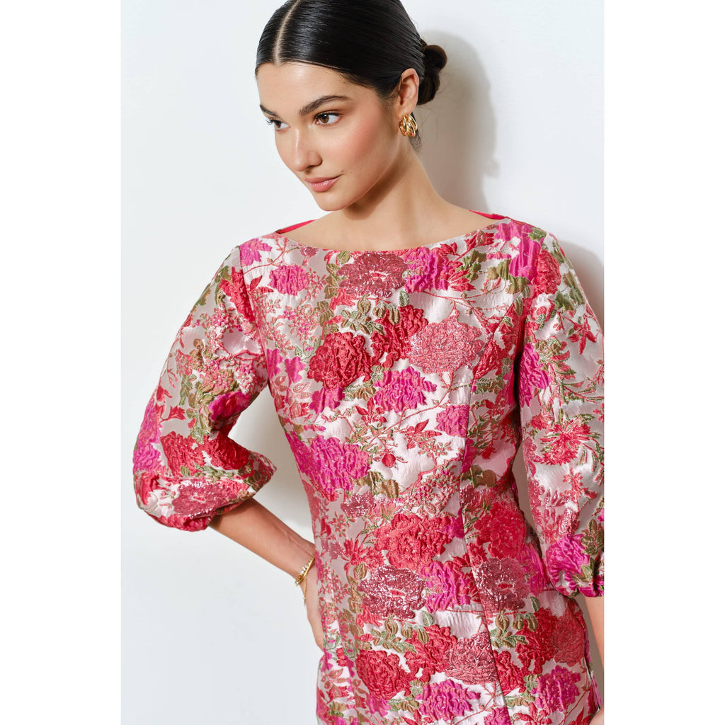 Luxe Metallic Floral Jacquard Puff 1/2 Mini Dress