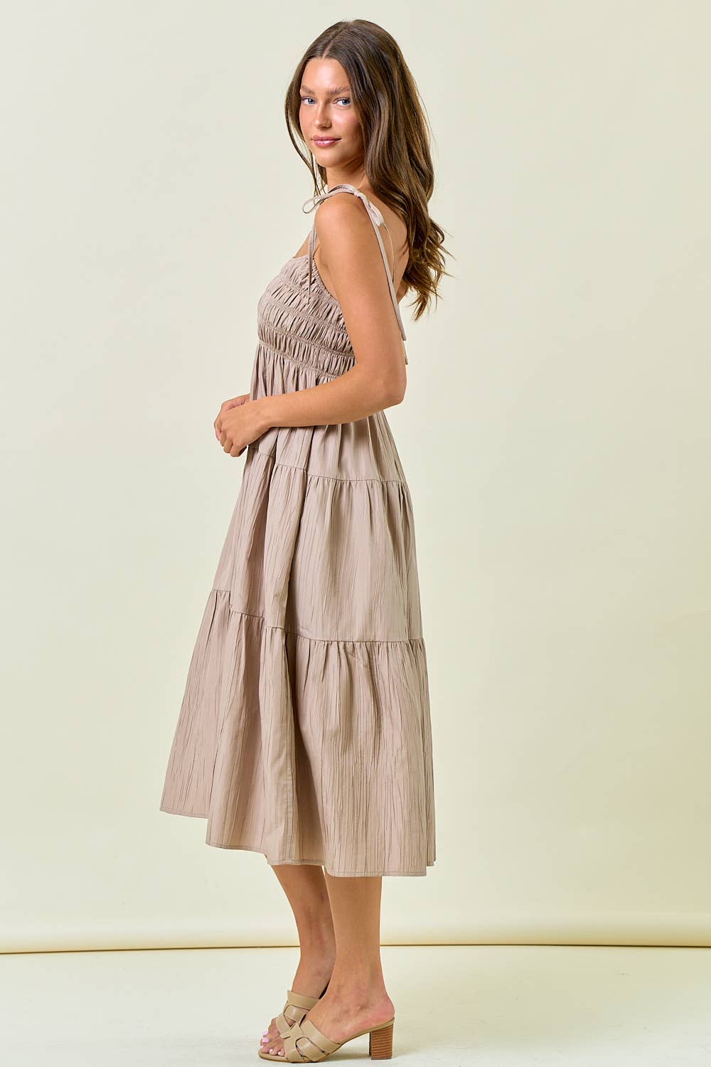 Crinkle Textured Tie Strap Tiered Midi Dress