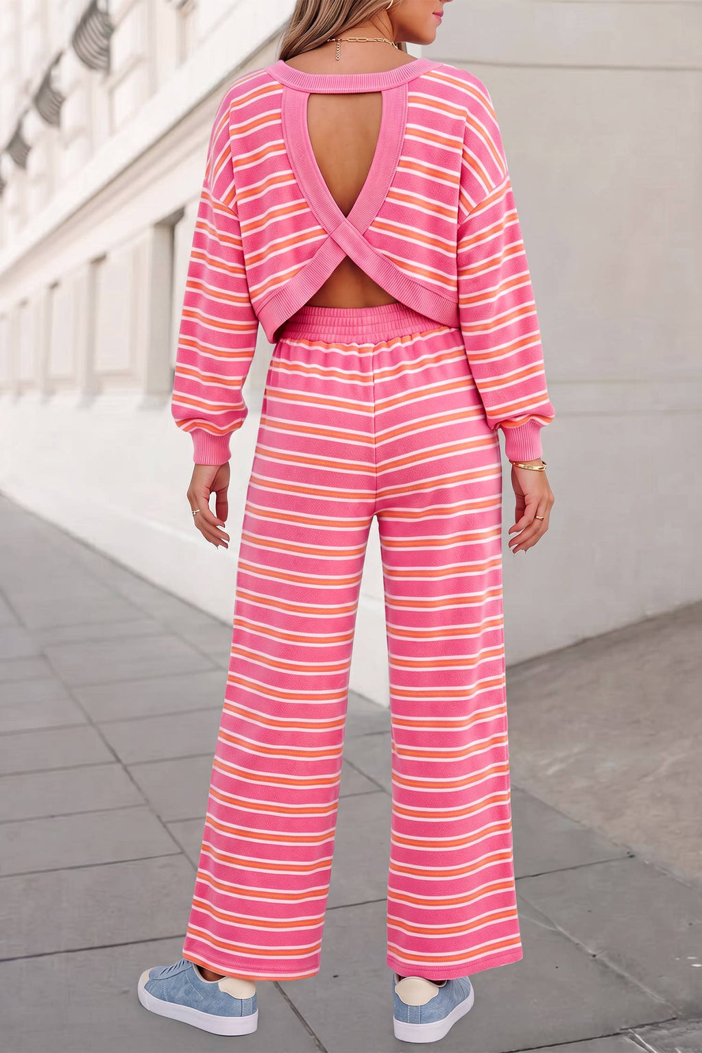 Aapparella - Striped Cutout Back Top &  Pants 2pcs Set | S-4X