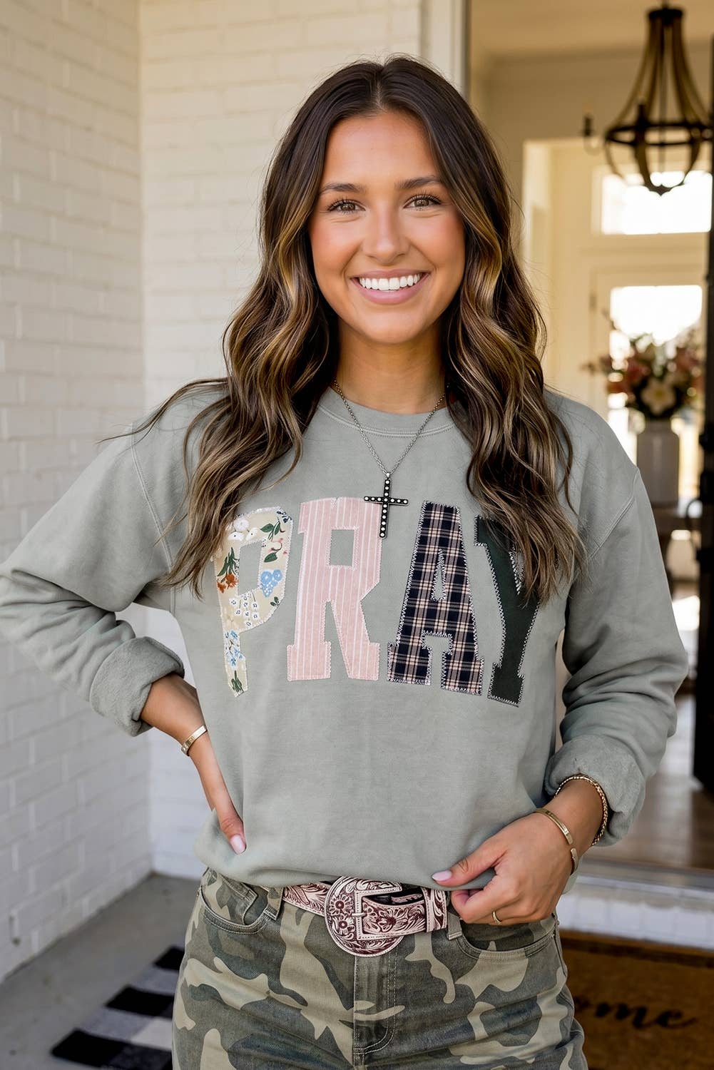 LA Society - LAS Western PRAY Plaid Letter Patchwork Sweatshirt (S-4X)