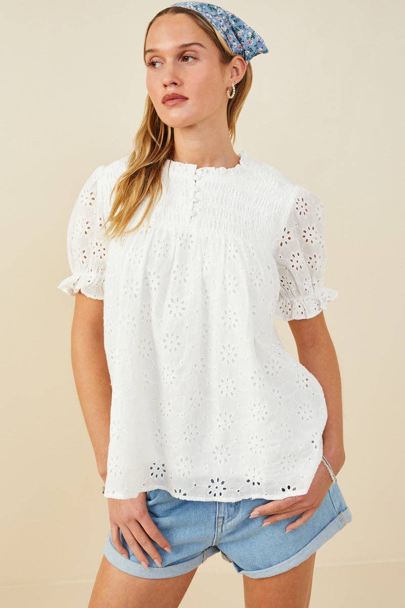 Hayden LA - Womens Floral Eyelet Smocked Button Detail Top