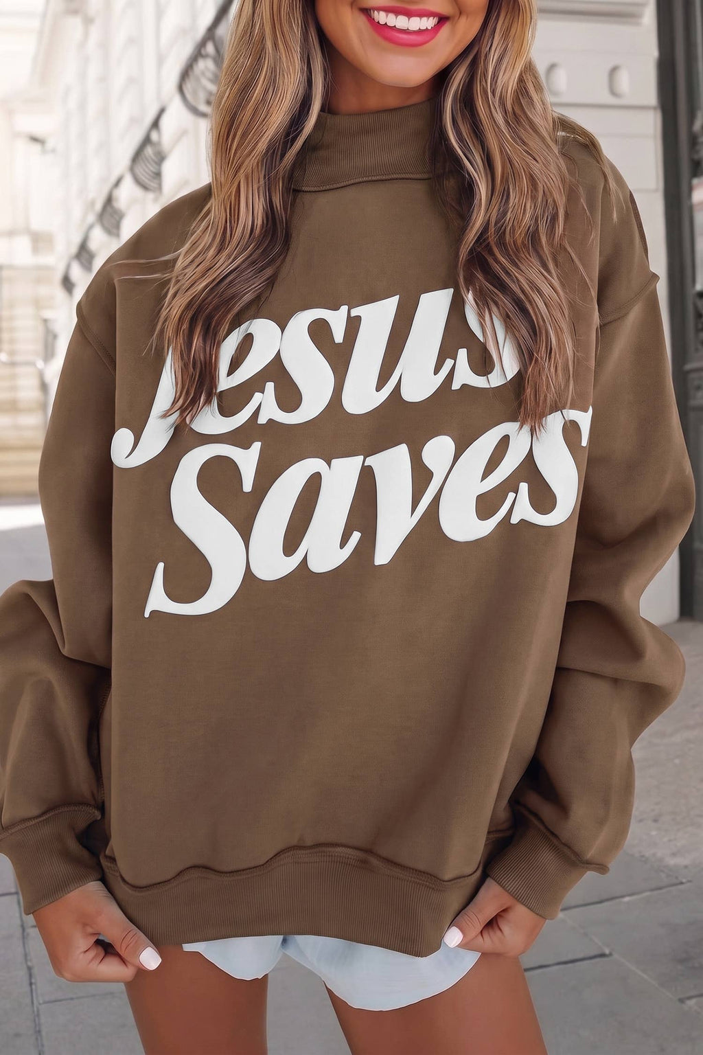 Aapparella - Jesus Saves Slogan Print Mock Neck Sweatshirt | S-4X
