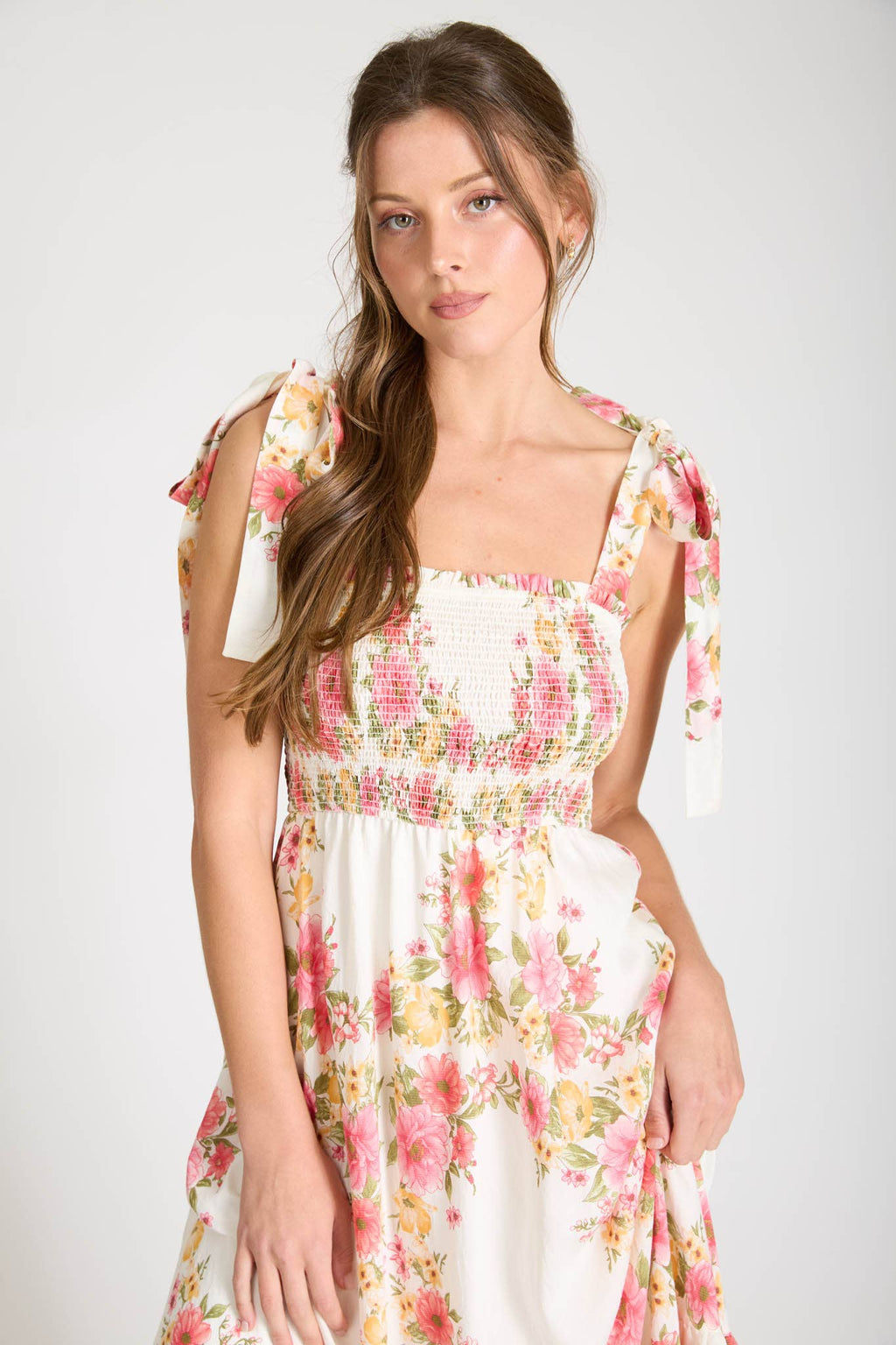 FLORAL TIE STRAP SMOCKED BORDER PRINT MIDI DRESS