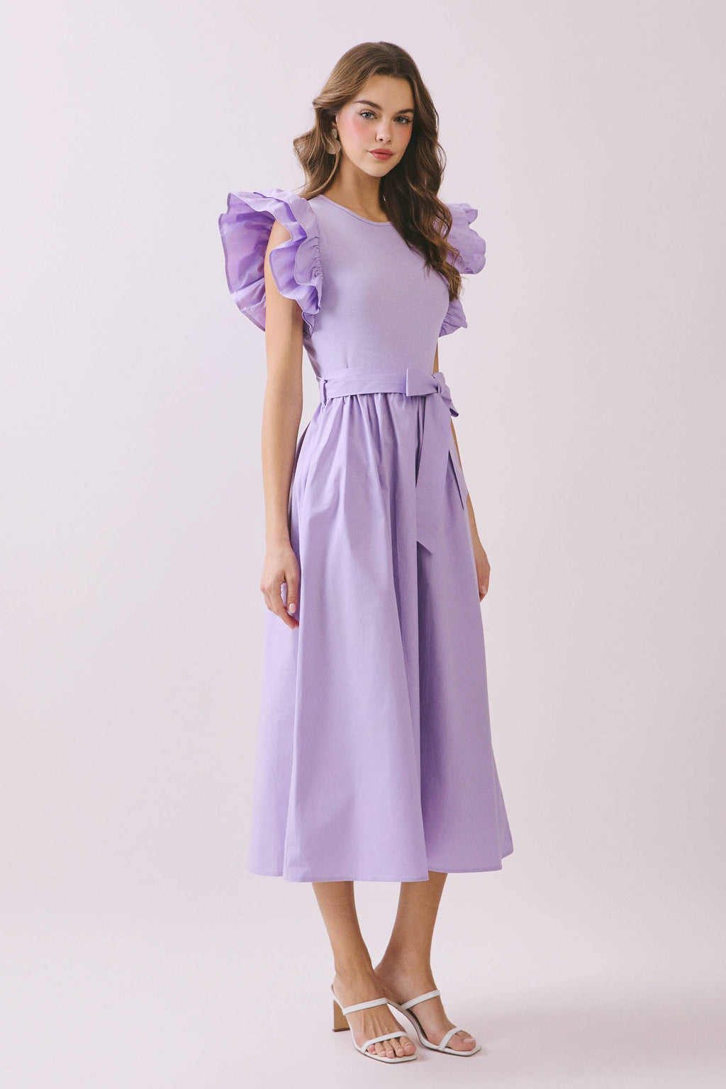 Dramatic Double Layered Ruffle Shoulder Midi Dress