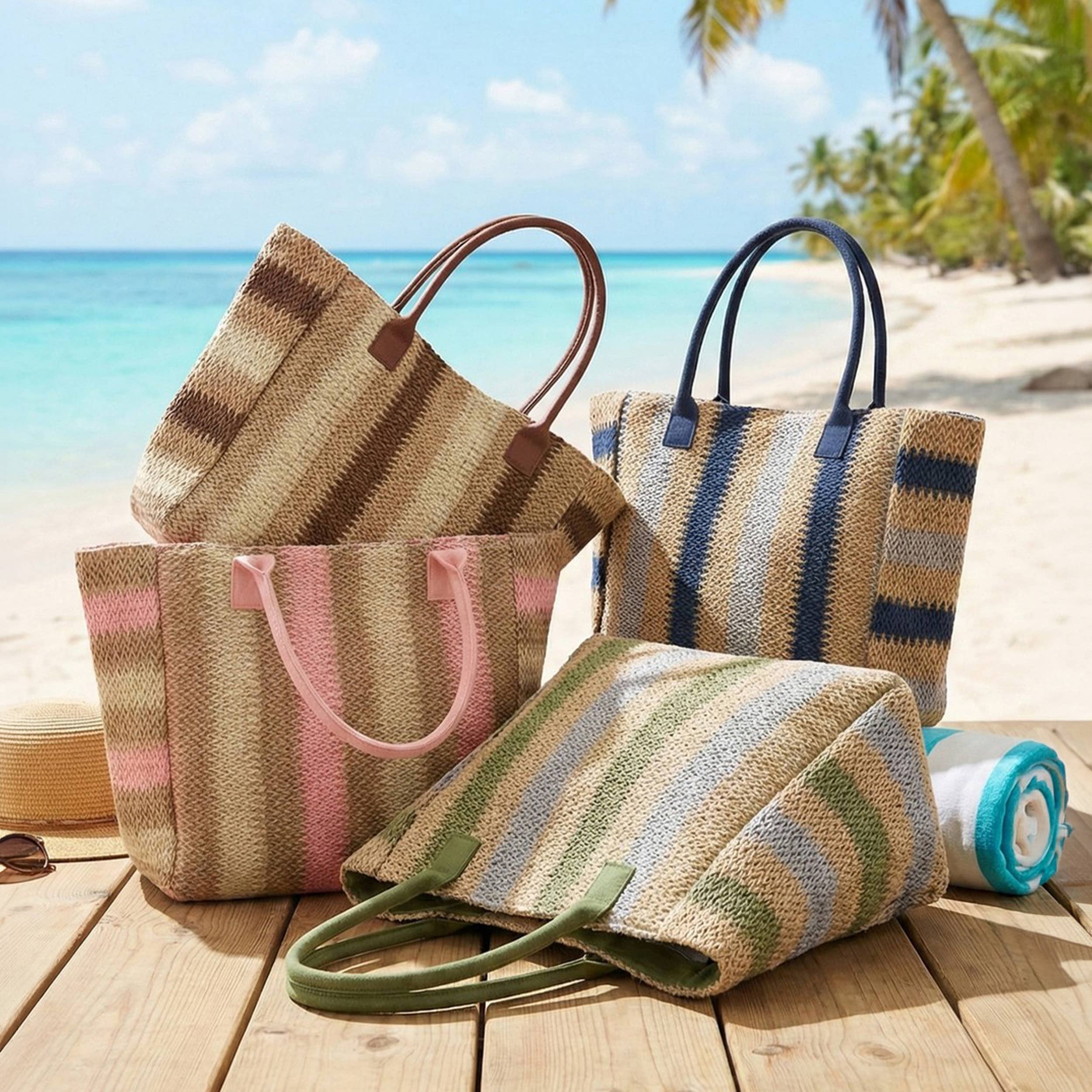 Hana - Multi Color Stripe Pattern Natural Brown Straw Tote Bag