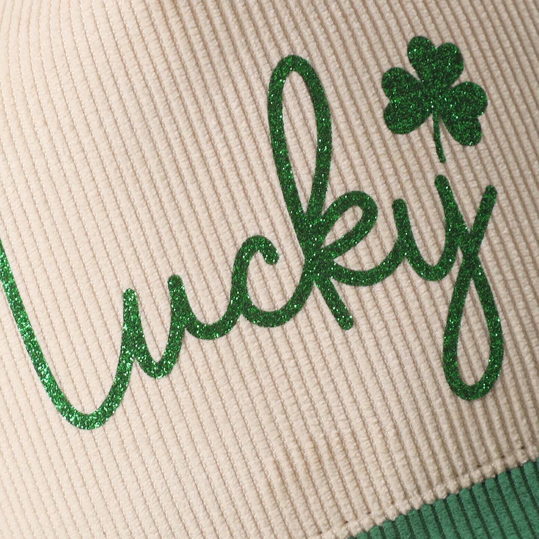 Lucky Script Glitter Heat Press Corduroy Trucker Hat