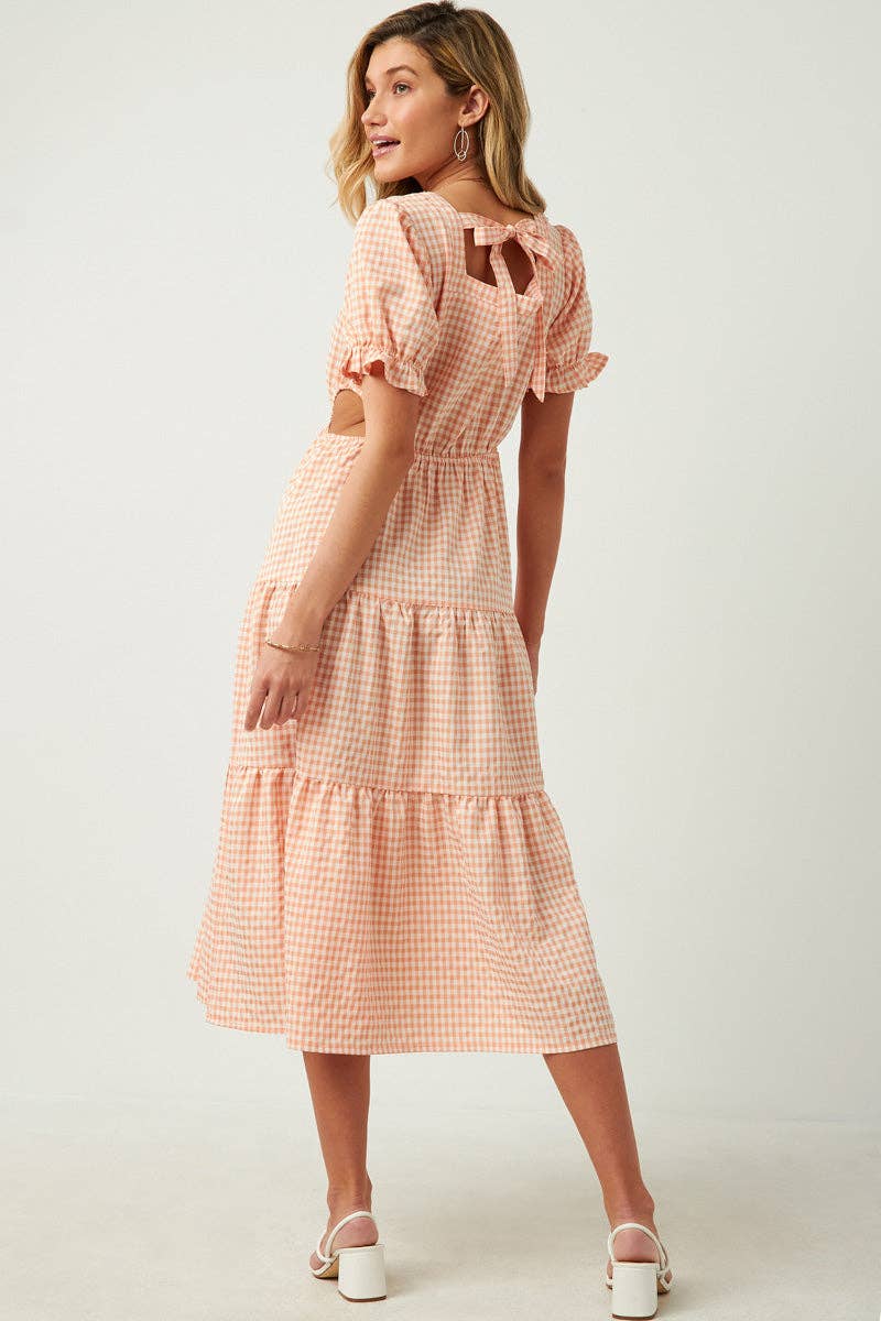 Womens Square Neck Side Cutout Tie Detail Gingham Dresss