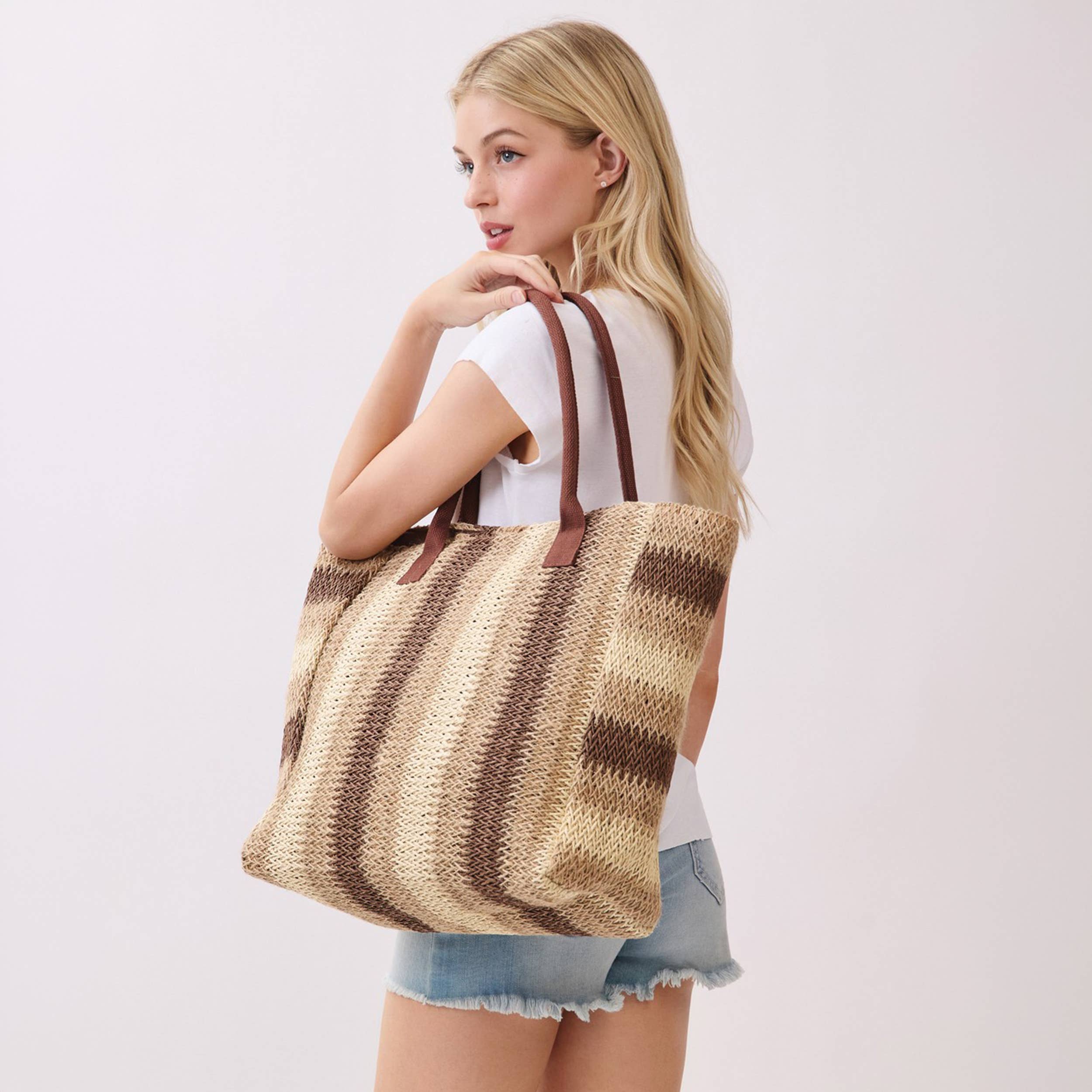 Hana - Multi Color Stripe Pattern Natural Brown Straw Tote Bag