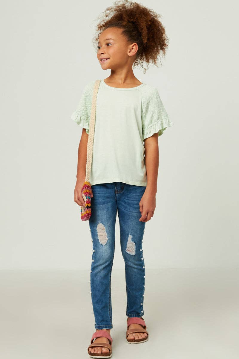 Girls Smocked Shoulder Ruffle Sleeve Top