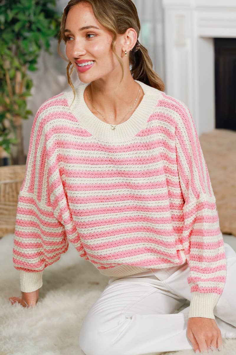 Crew Neck Long Balloon Sleeve Strip Crochet Sweater
