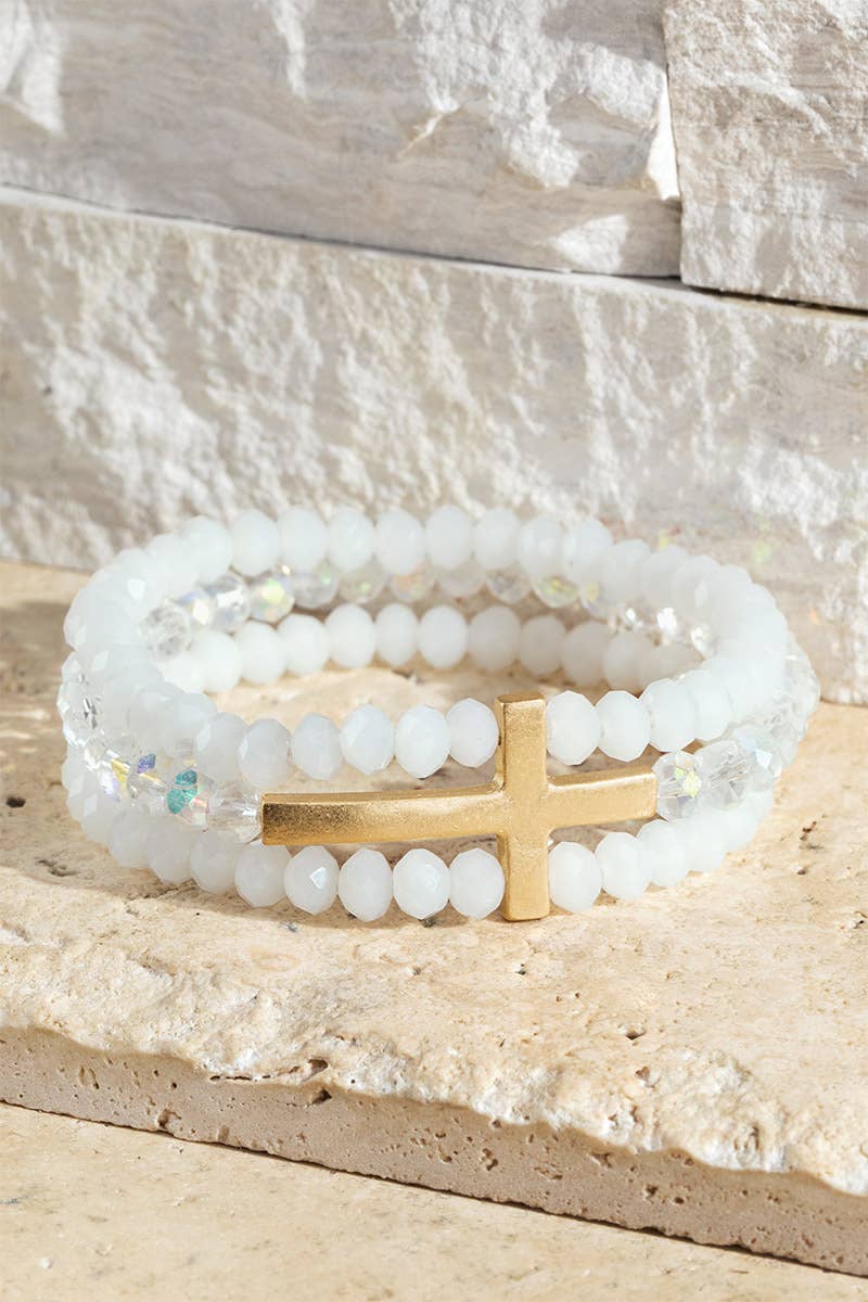 Layered Cross and Glass Bead Stretch Bracelet
