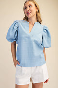 V-Neck Puff-Sleeve Textured Top