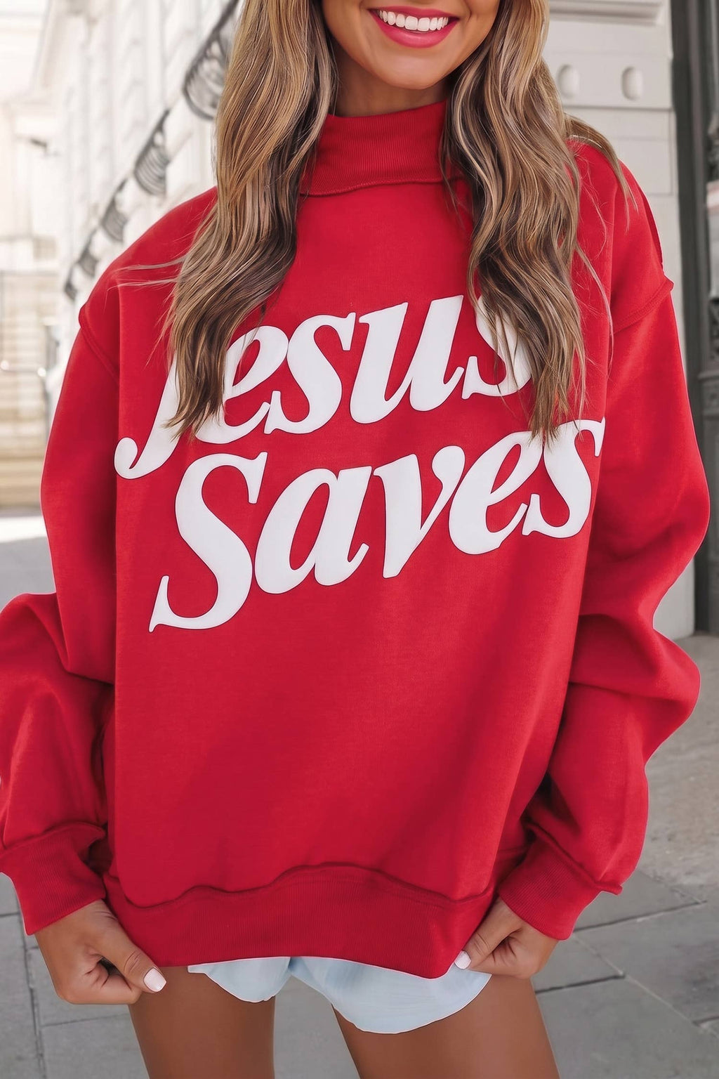 Aapparella - Jesus Saves Slogan Print Mock Neck Sweatshirt | S-4X