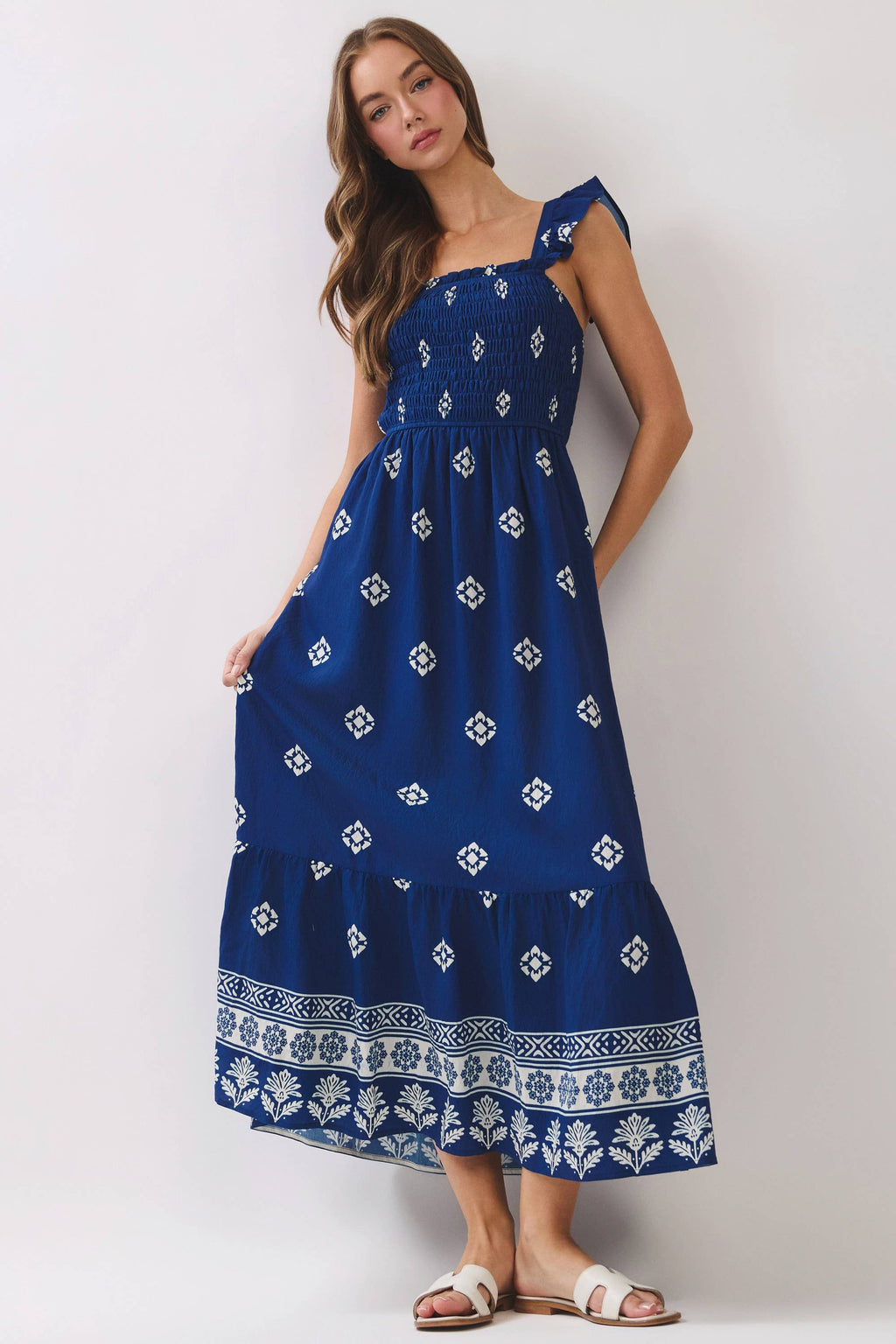 TCEC - CD07351-Smocked Border Print Maxi Dress
