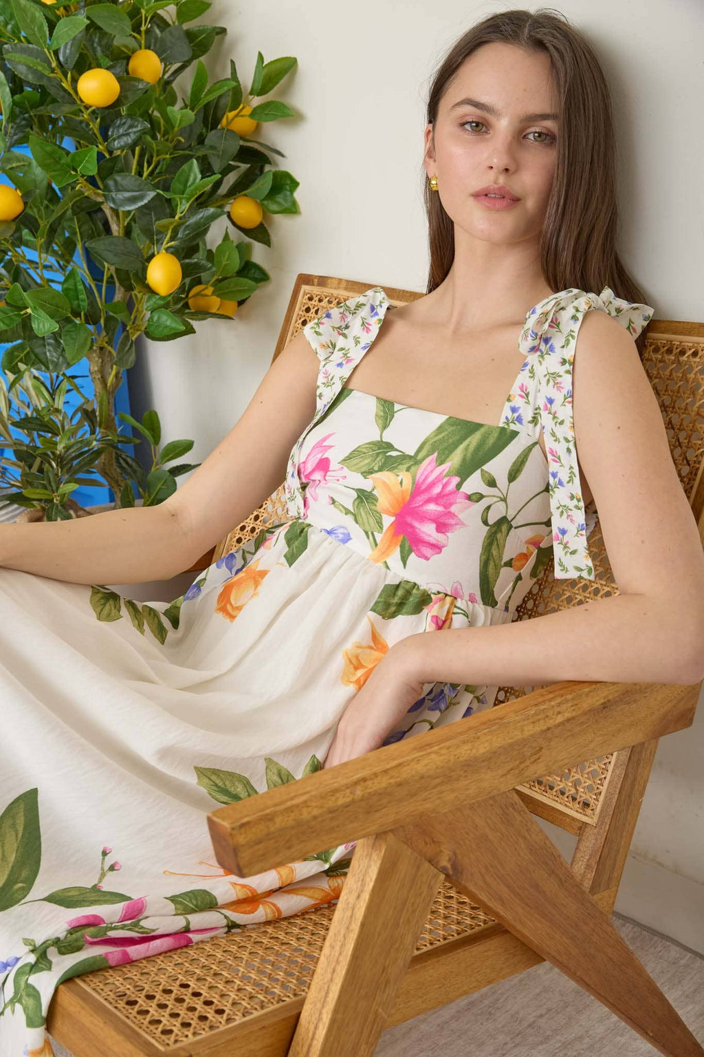 FLORAL TIE STRAP DETAIL EMPIRE WAIST MIDI DRESS