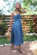 Blu Pepper - STRAPLESS SHIRRED TIERED DENIM MIDI SUNDRESS