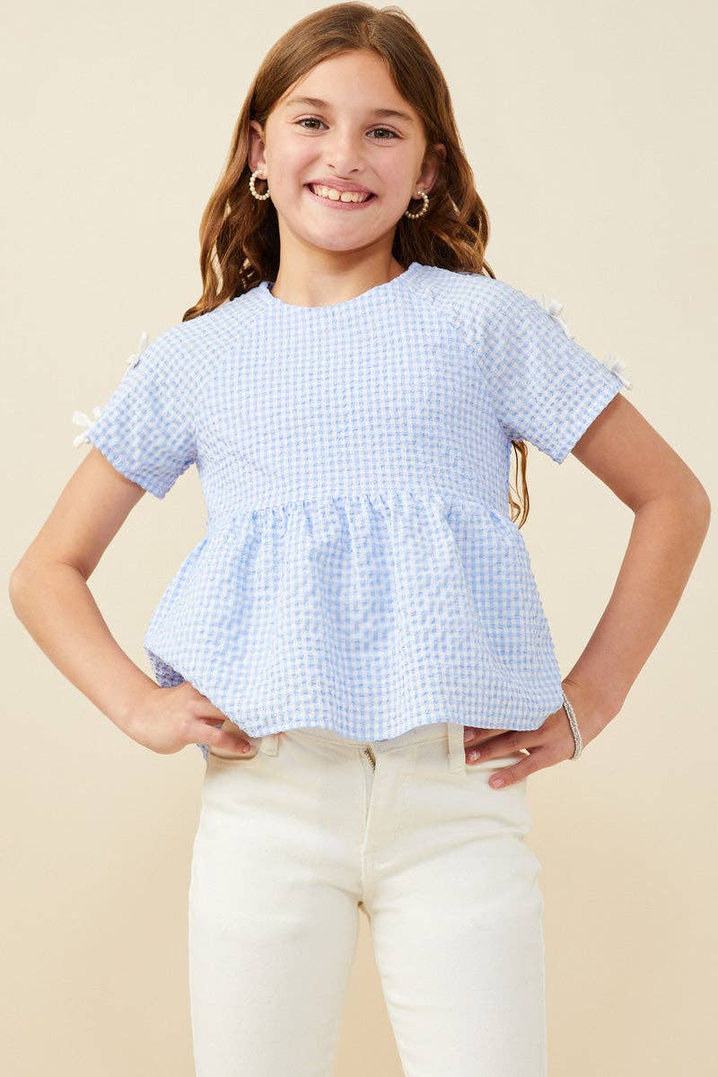 Girls Contrast Ribbon Gingham Babydoll Top