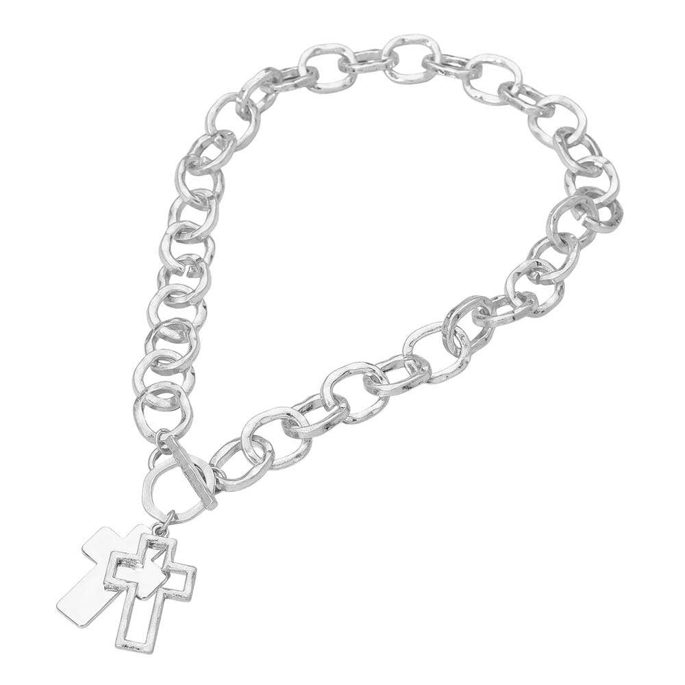 Hammered Layered Cross Pendant Chunky Chain Toggle Necklace