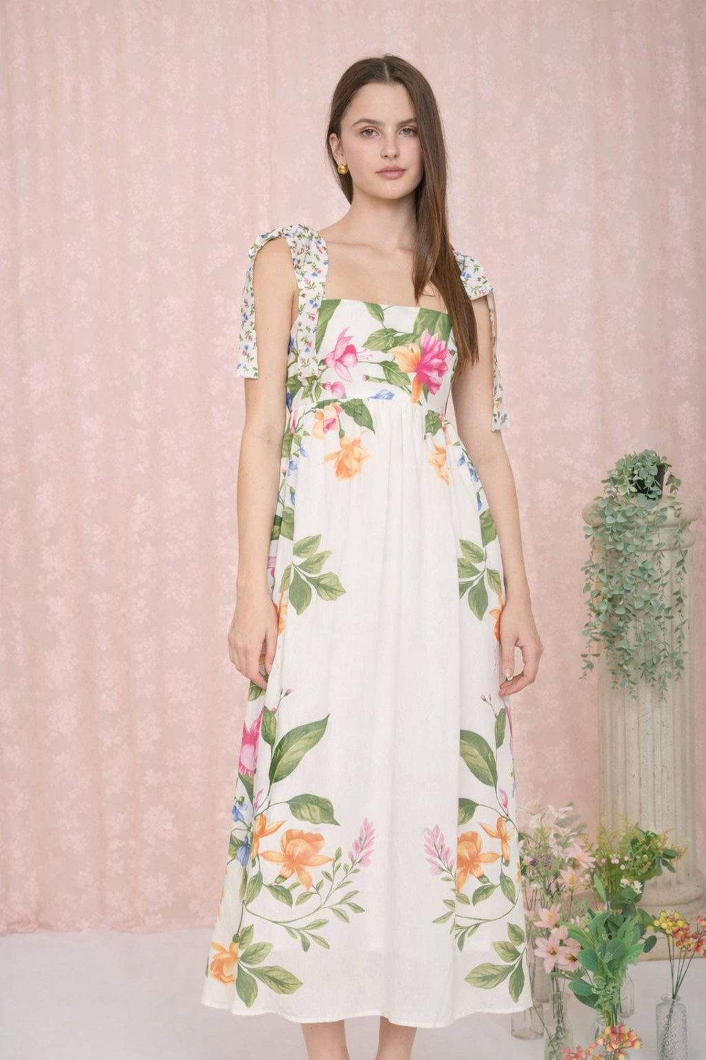 FLORAL TIE STRAP DETAIL EMPIRE WAIST MIDI DRESS