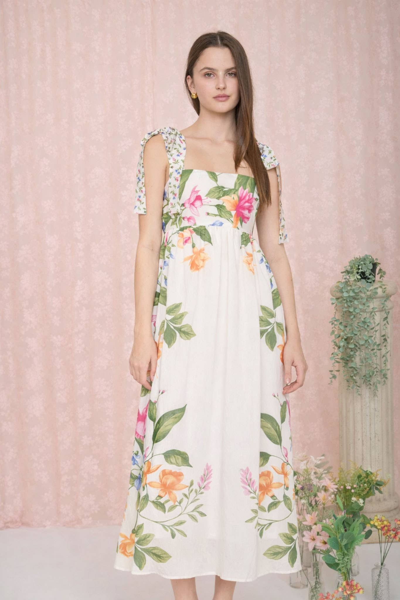 FLORAL TIE STRAP DETAIL EMPIRE WAIST MIDI DRESS