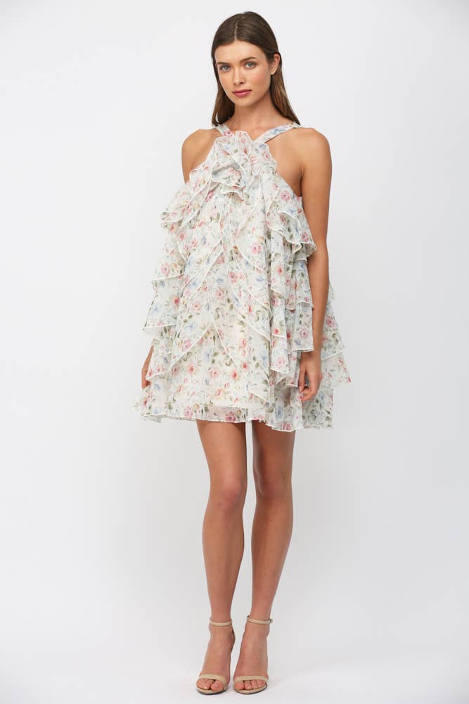 FATE - PETAL SHAPED CASCADING RUFFLE DETAIL FLORAL DRESS FD35811