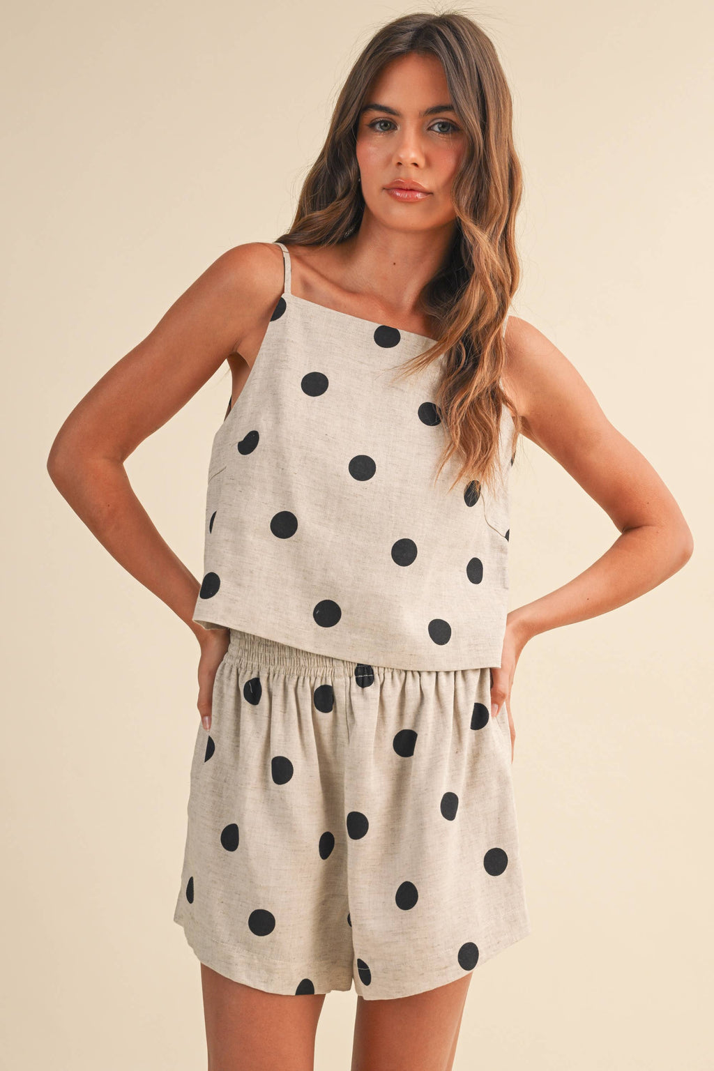 POLKADOT LINEN SLEEVELESS TOP AND SHORTS SET