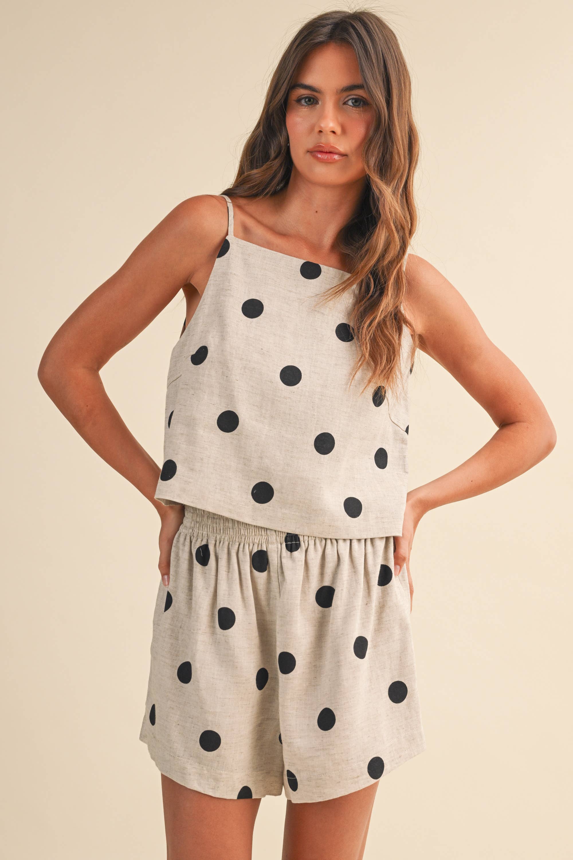 POLKADOT LINEN SLEEVELESS TOP AND SHORTS SET
