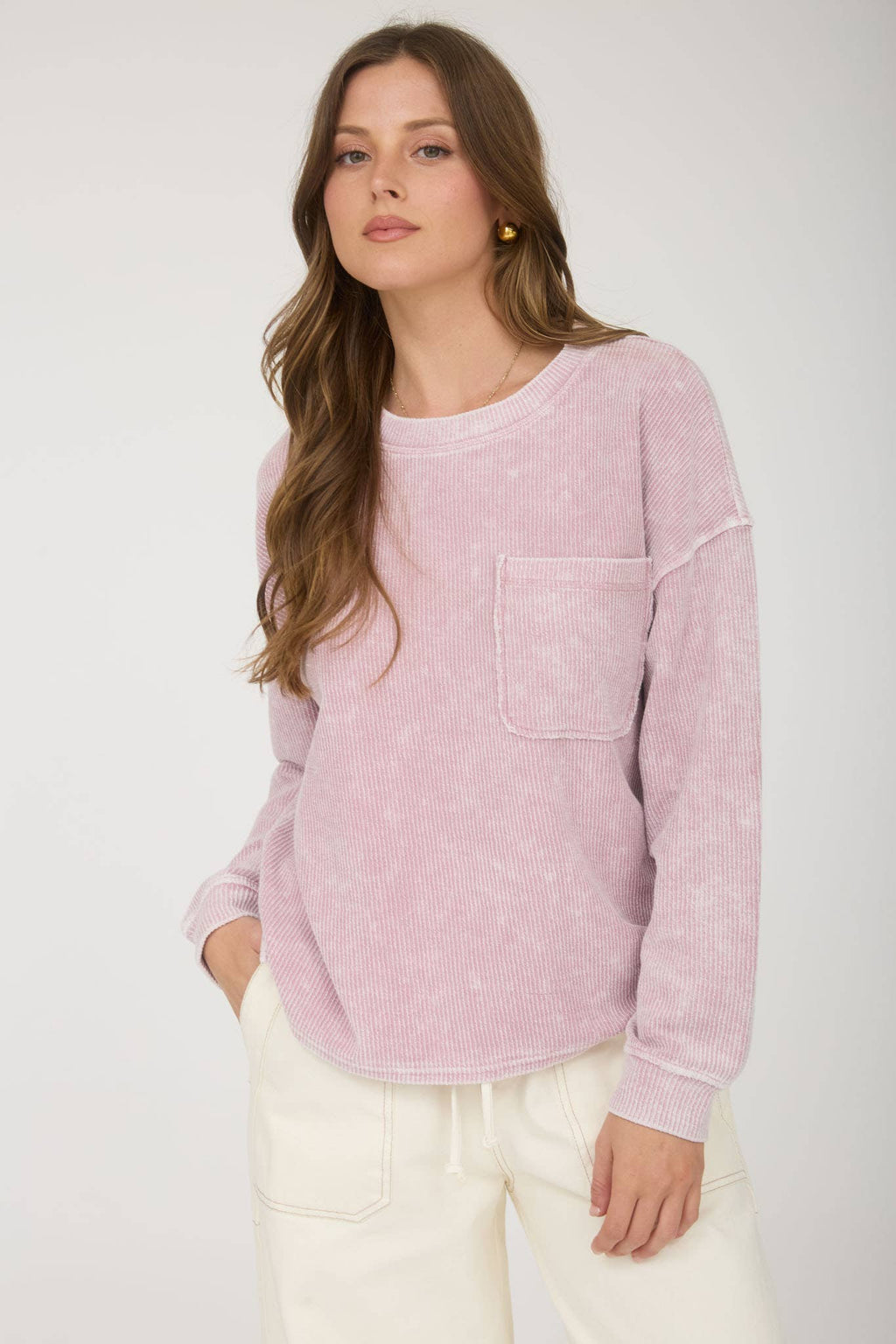 J.O.A - WASHED POCKET DETAIL LONG SLEEVE RIB KNIT TOP