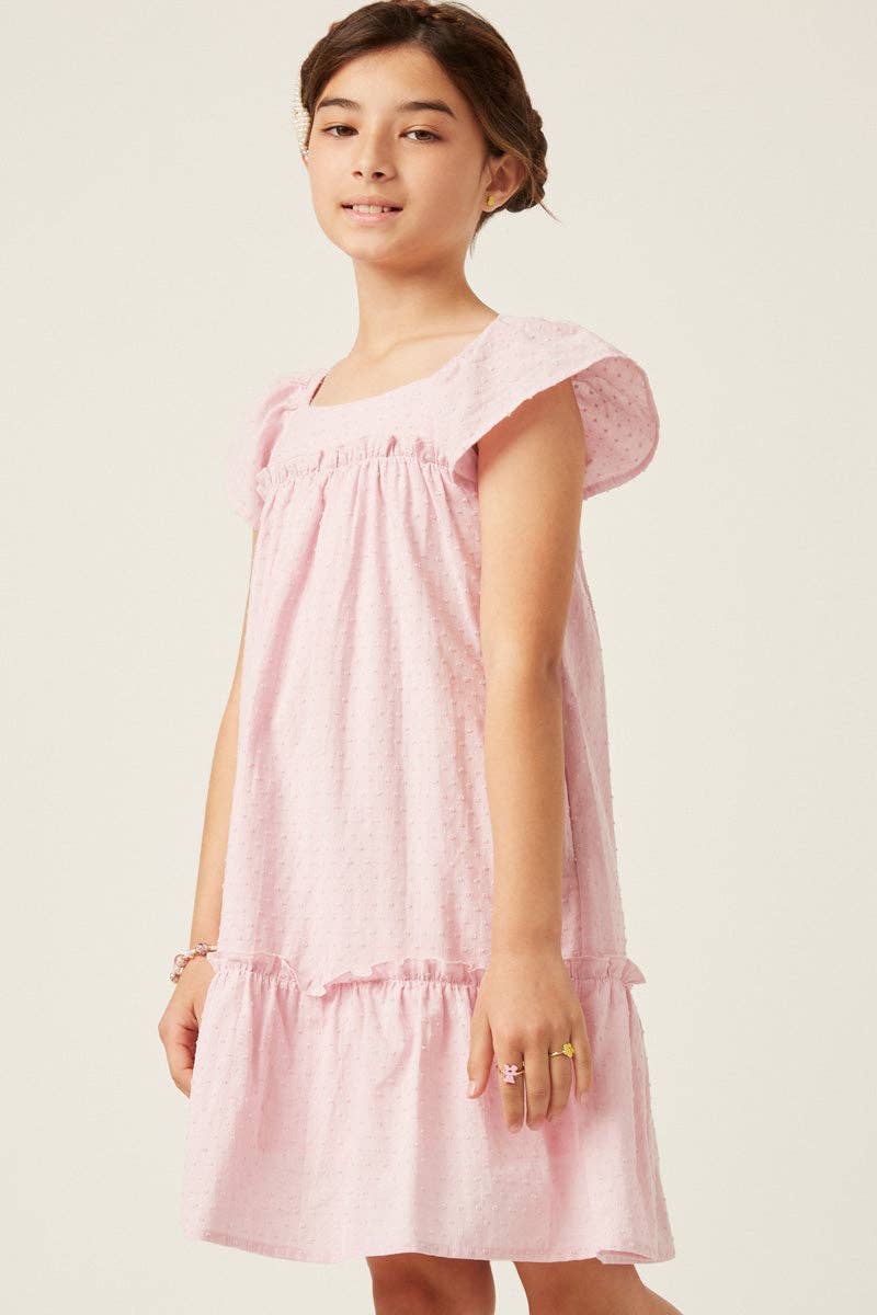 Girls Swiss Dot Ruffled Seamed Ruffle Shoulder Dress