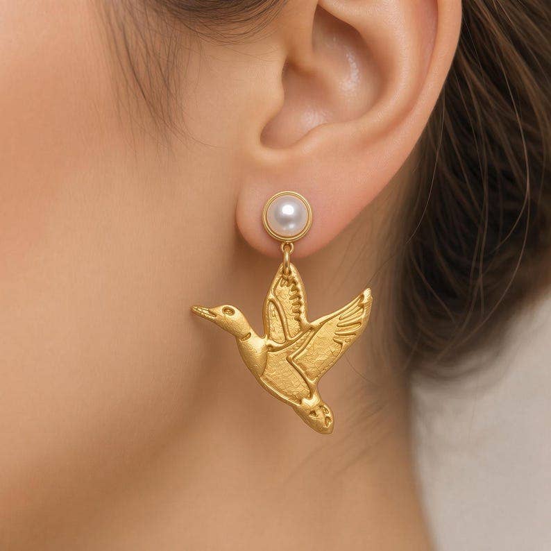 Clay by Courtney - Gold Flying Duck Polymer Clay Earrings, Pearl Studs
