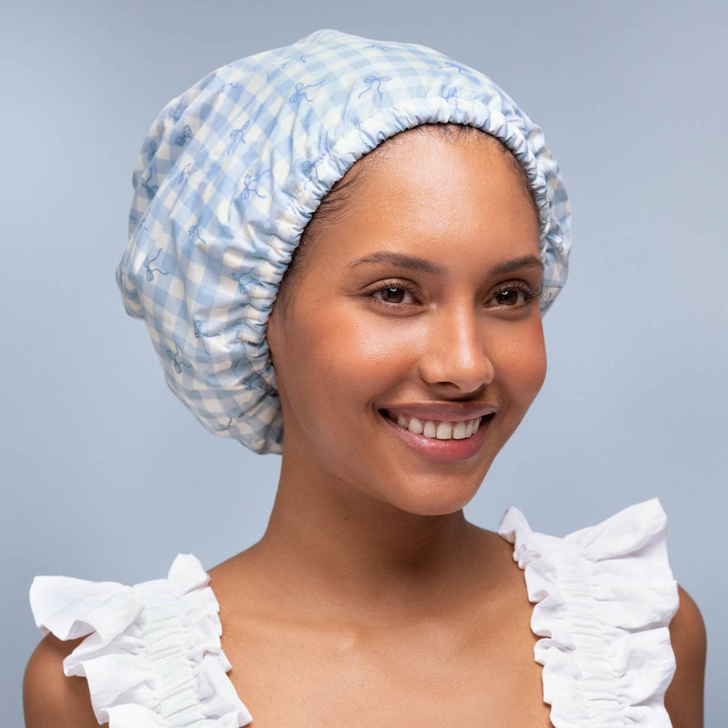 KITSCH - Satin Lined Flexi Shower Cap - Gingham Blue