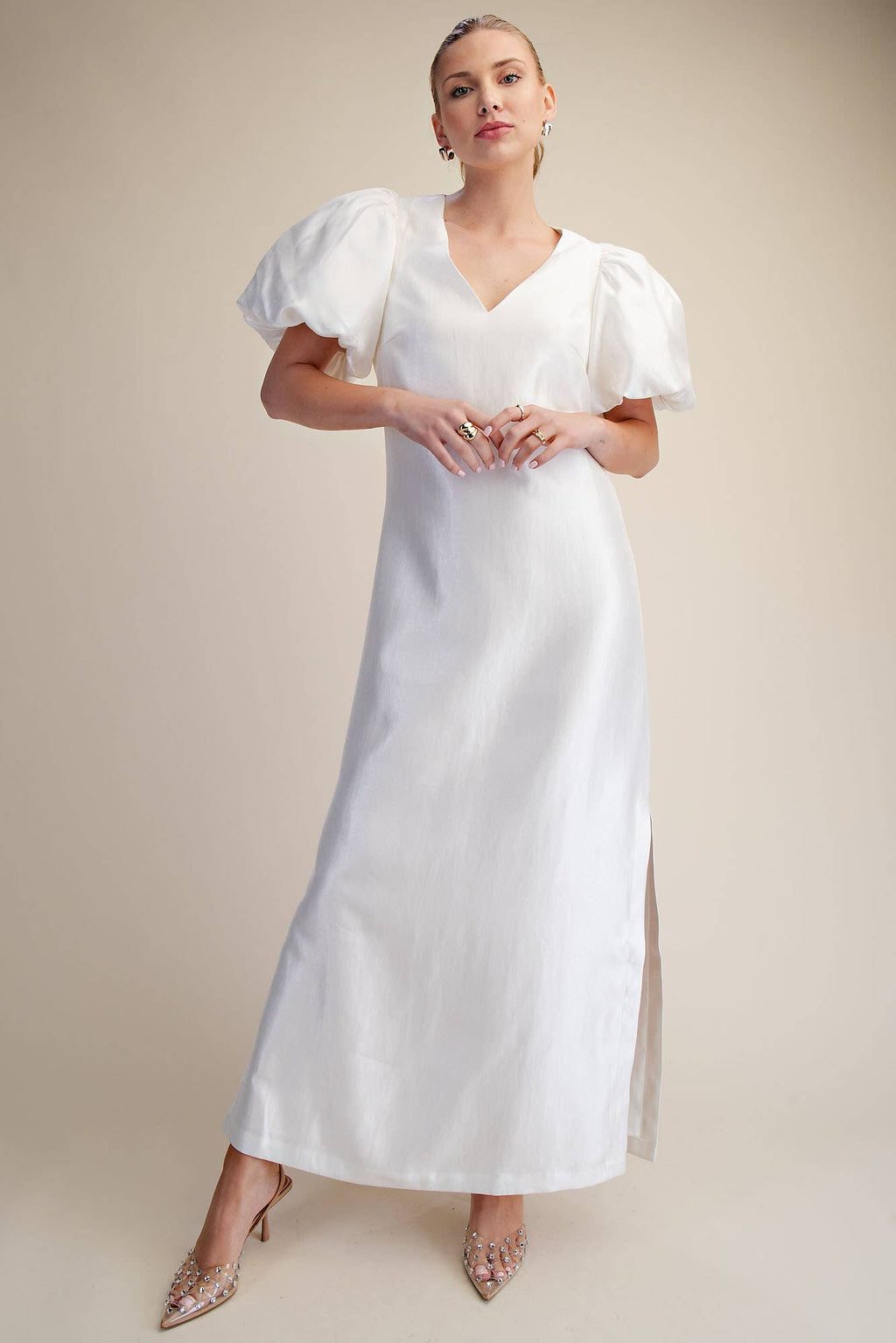 Puff-Sleeve A-Line Glossy Elegant Maxi Dress