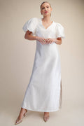 Puff-Sleeve A-Line Glossy Elegant Maxi Dress
