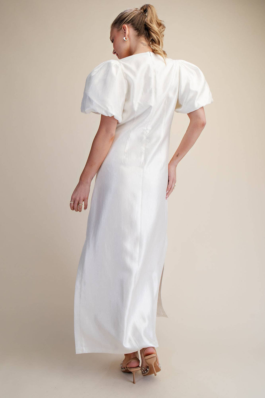 Puff-Sleeve A-Line Glossy Elegant Maxi Dress