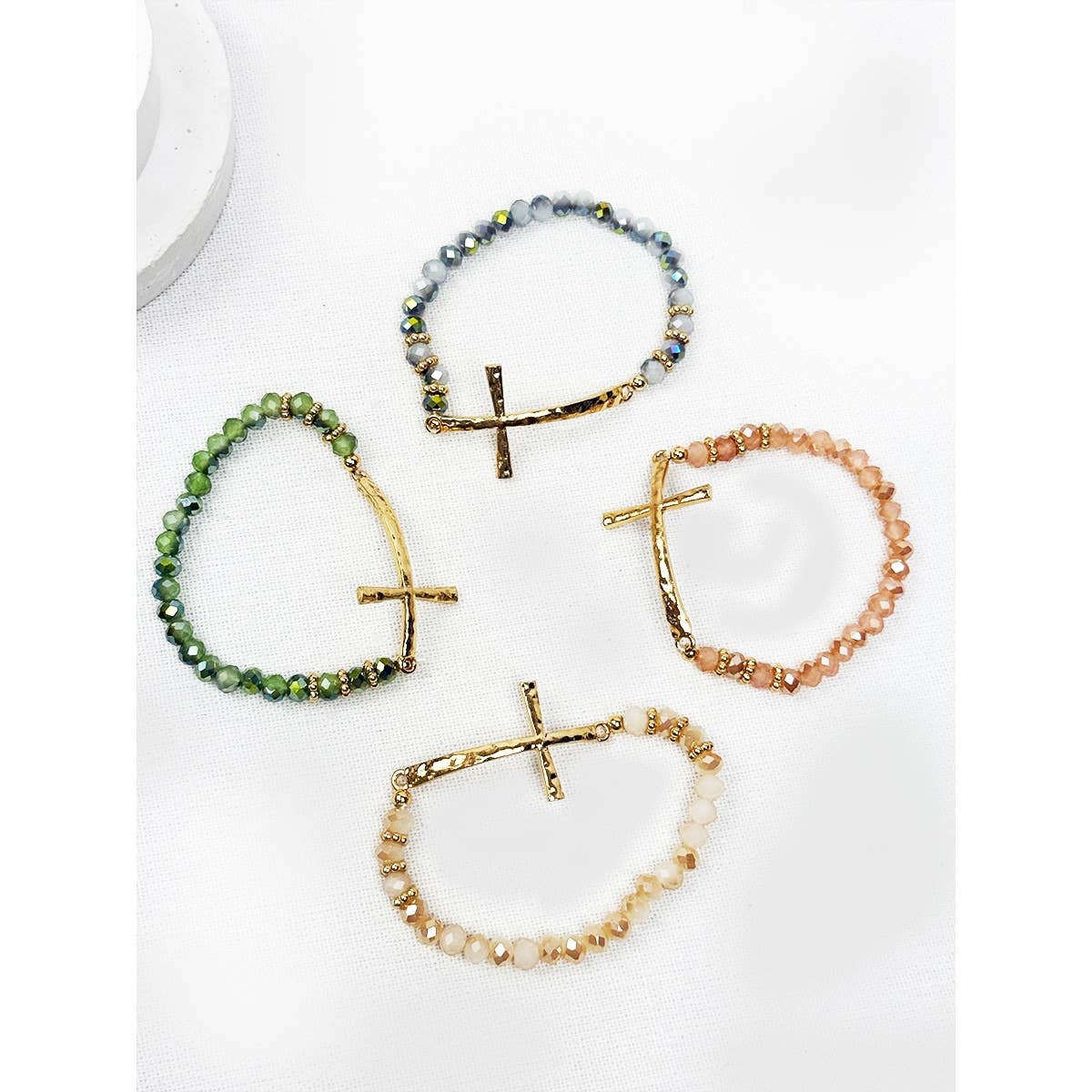 Love and Repeat - Hammered Cross Bead Stretch Bracelet