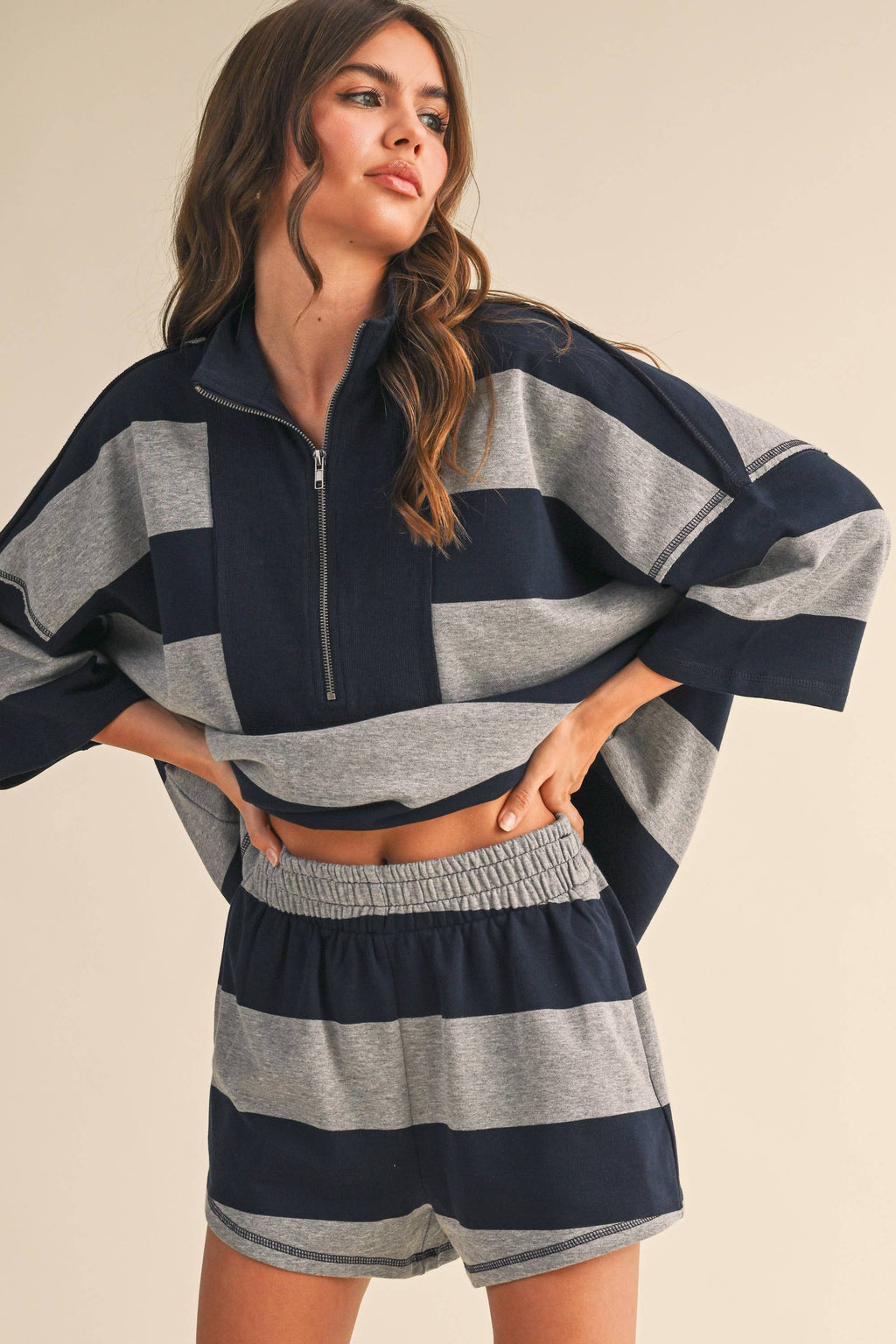 STRIPED ZIP UP OVERSIZED TOP AND SHORTS SET