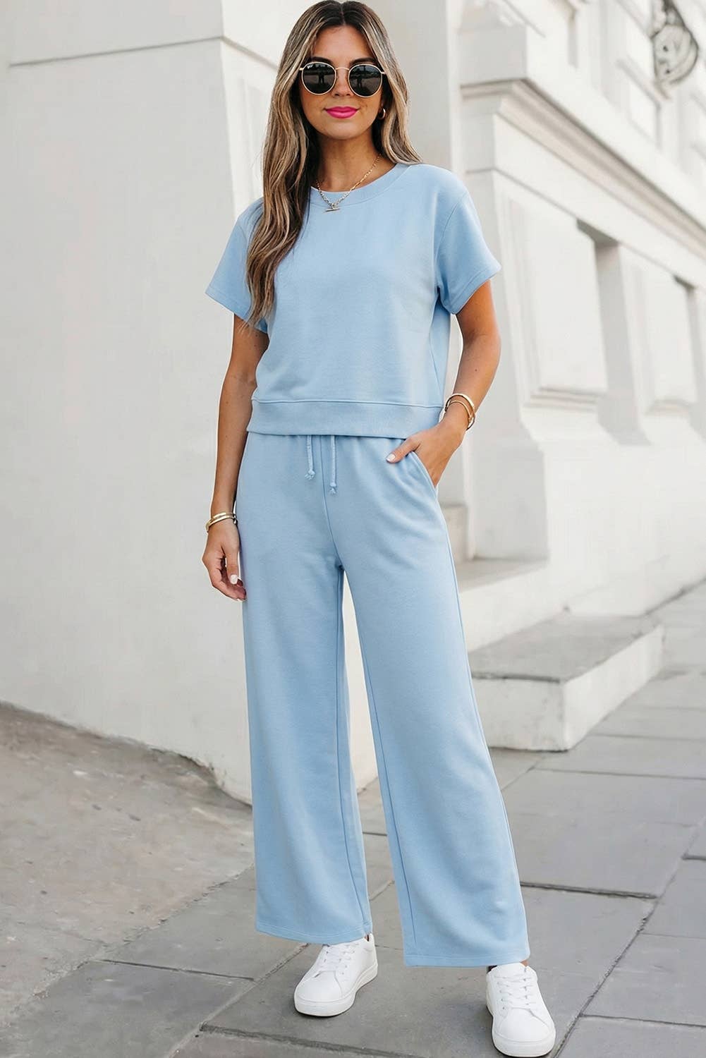 Aapparella - Soft Color Tee & Wide Leg Pants 2pcs Set | S-XL Plus 1X-4X