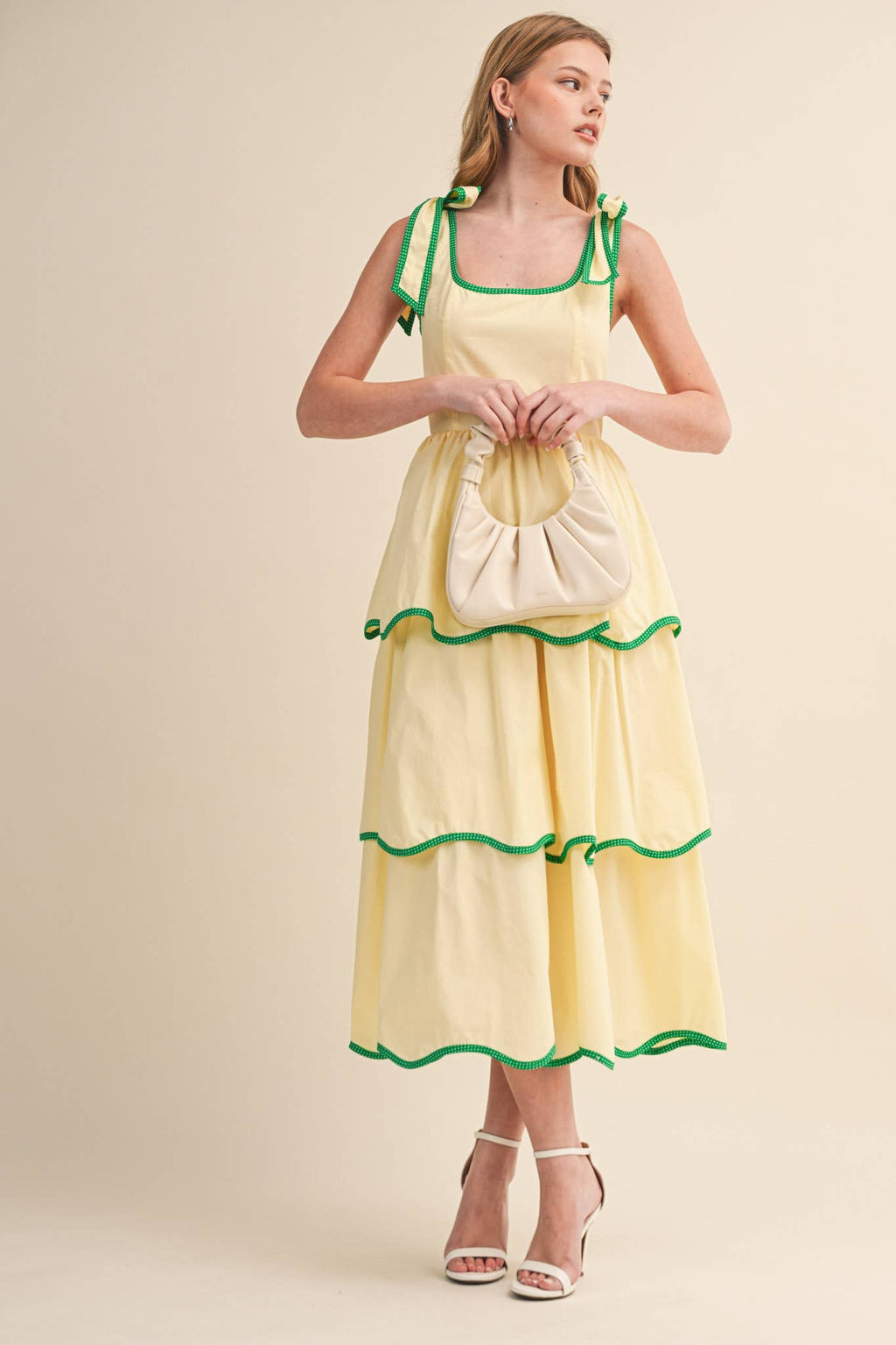 CONTRAST BINDING TIERED MIDI DRESS