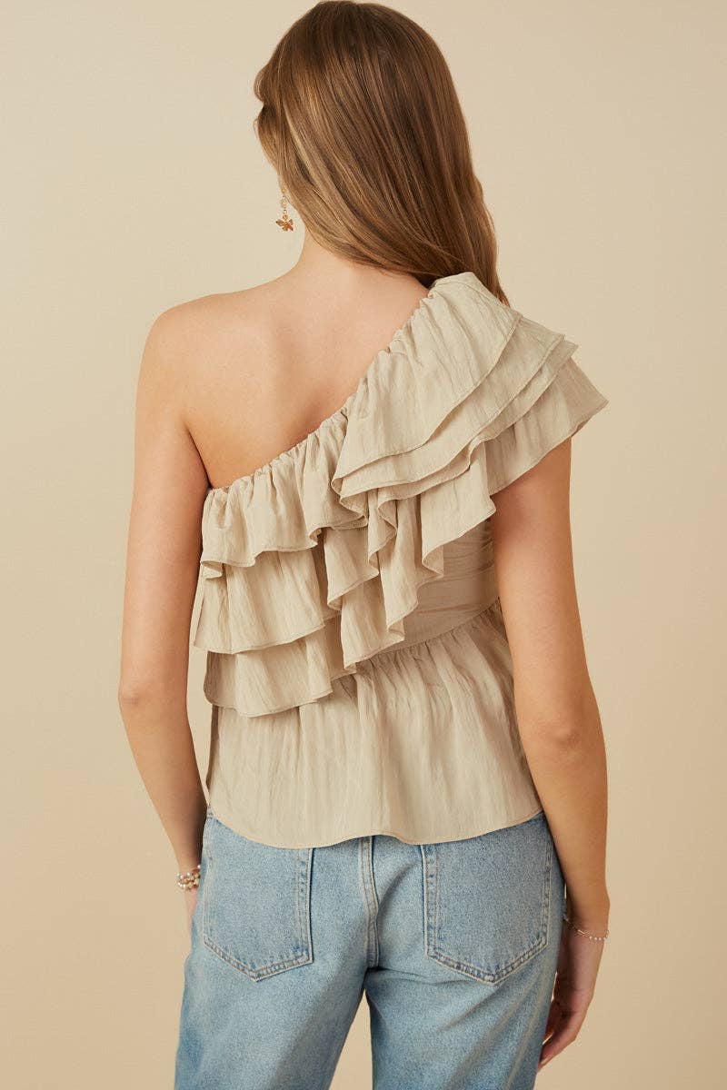 Womens One Shoulder Textured Layered Ruffle Top
