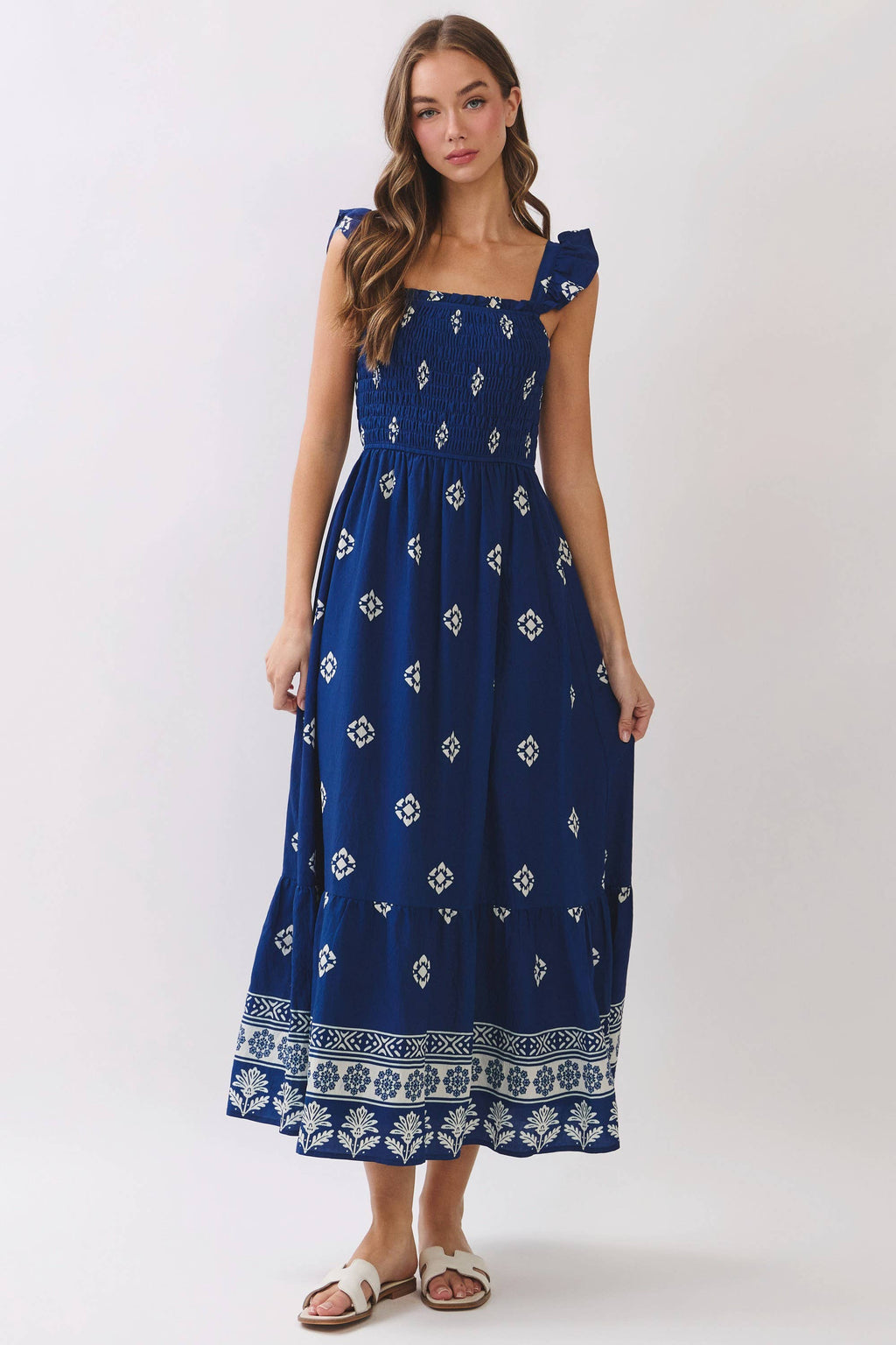 TCEC - CD07351-Smocked Border Print Maxi Dress