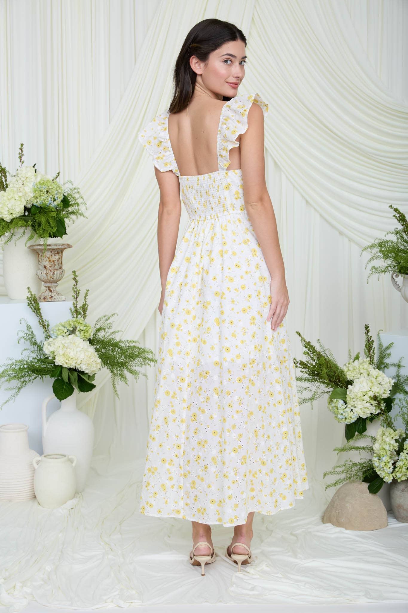 Blu Pepper - FLORAL EYELET PATTERN FRONT SLIT CORSET MIDI DRESS