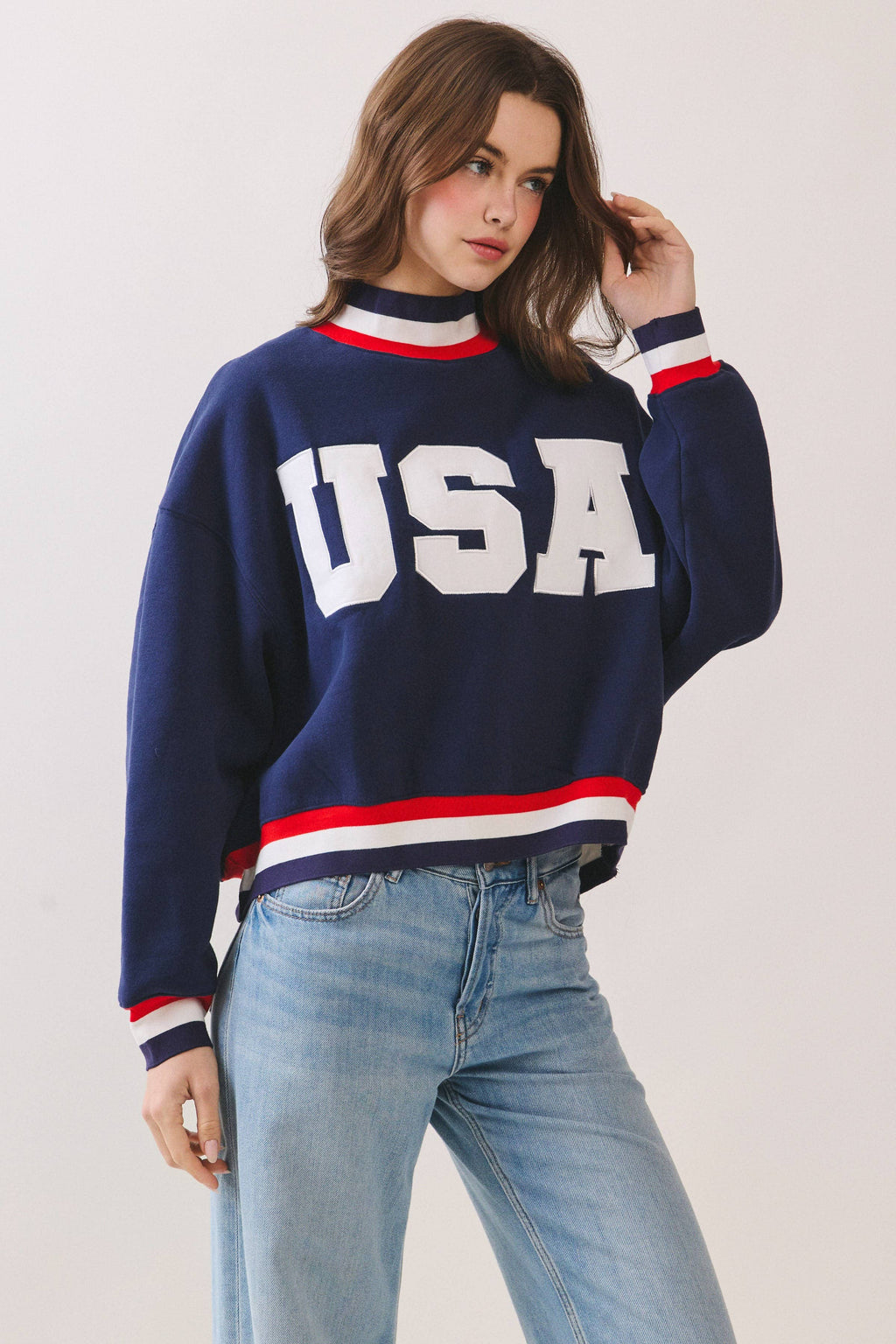 TCEC - CT9794-USA Letter Print Contrast Trim Sweatshirt