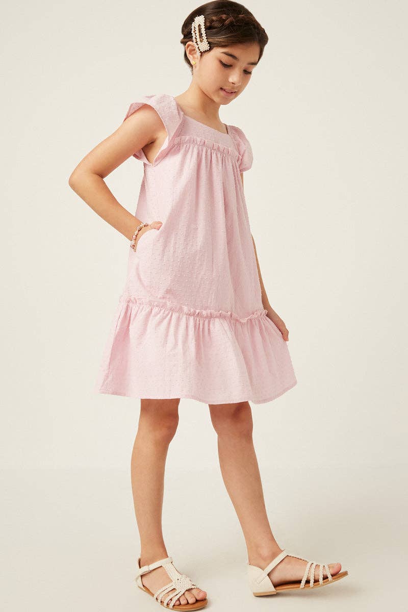 Girls Swiss Dot Ruffled Seamed Ruffle Shoulder Dress